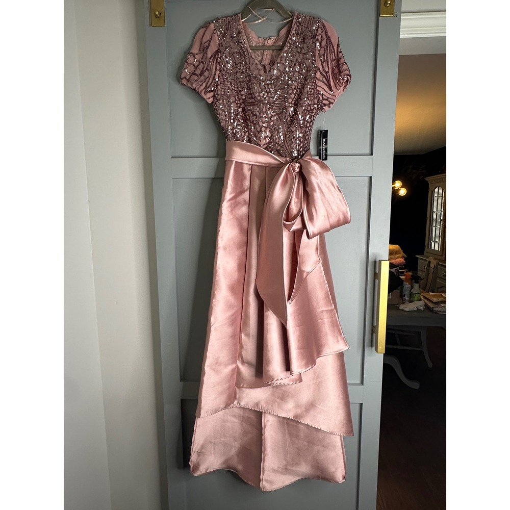 R&M Richards Rose Gold Sequin High-Low Gown with Satin Bow Waist Formal‎ Dress